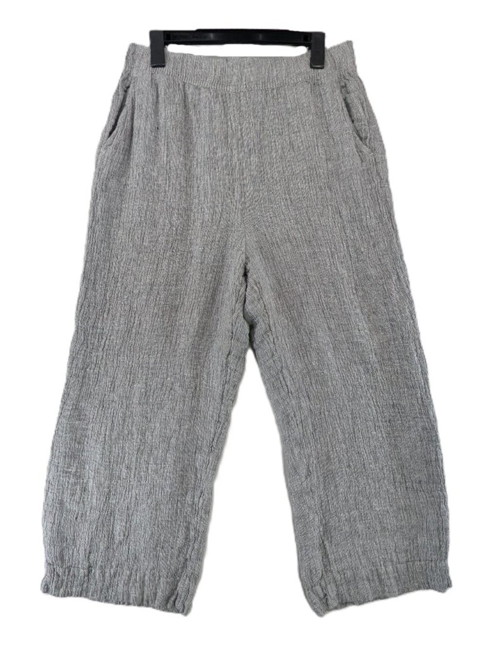 Tahari Crop Pants Womens Sz Large 100% Linen Gray Textured Pull-on Pockets Lined